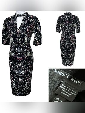 Maggy London midi dress 14 Black Floral Keyhole short slv pencil fall cocktail